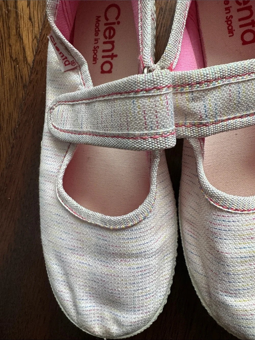 Cienta Girls Light Pink Mary Jane Canvas Shoes with Subtle Rainbow Speckle
